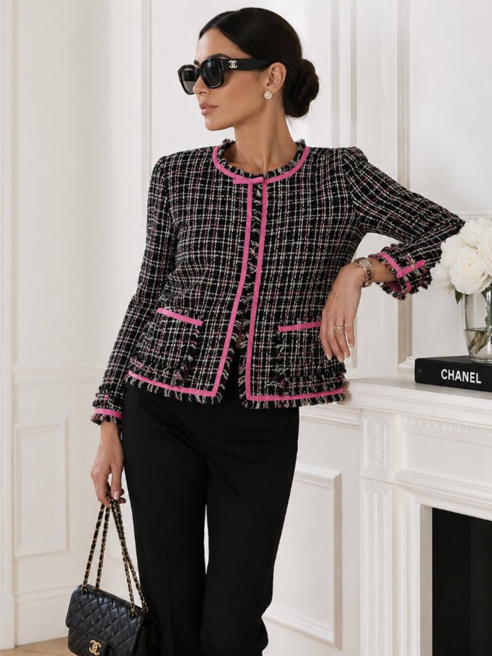 Sweet Lily Tweed Cropped Blazer Pink Trim Frayed Preppy Sz 8